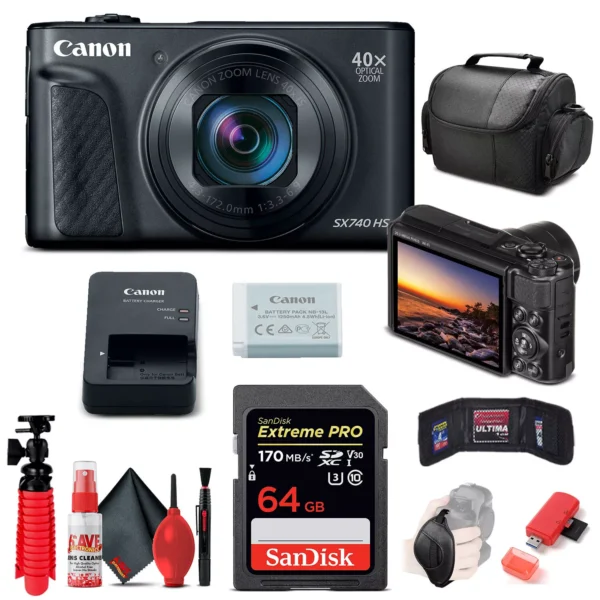Canon PowerShot SX740 HS Digital Camera Black 20.3 MP 40x Optical Zoom 64GB SD Card Kit